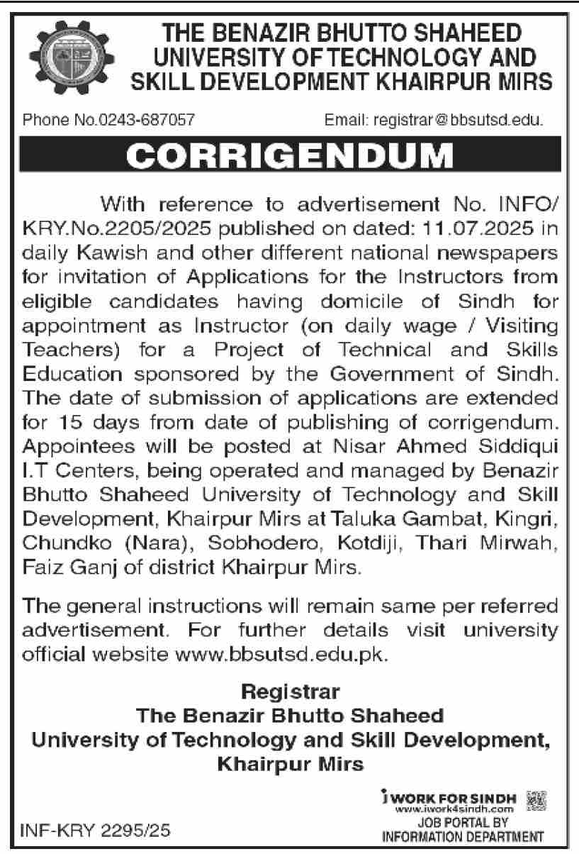 Jobs in The Benazir Bhutto Shaheed University of Technology & Skill Development Khairpur